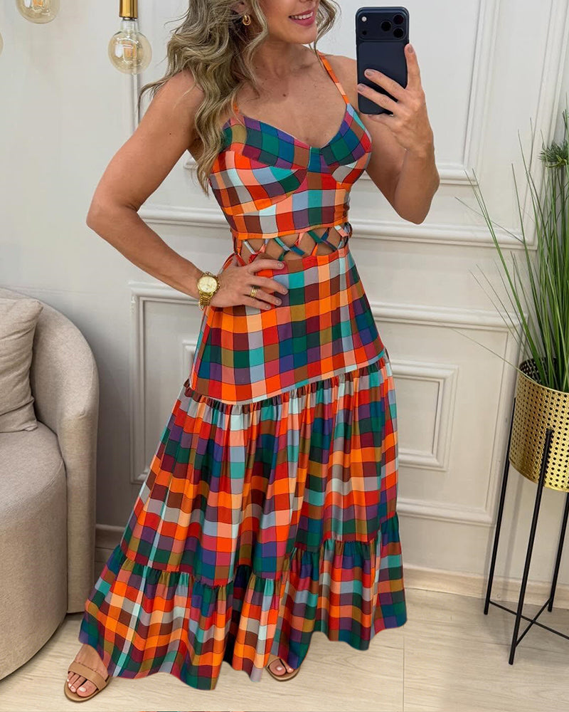 Women's Colorblock Plaid Hollow-out Maxi Dress V Neck Backless Ruffle Cami Dress Casual Shirred Beach Sundress - Image 14