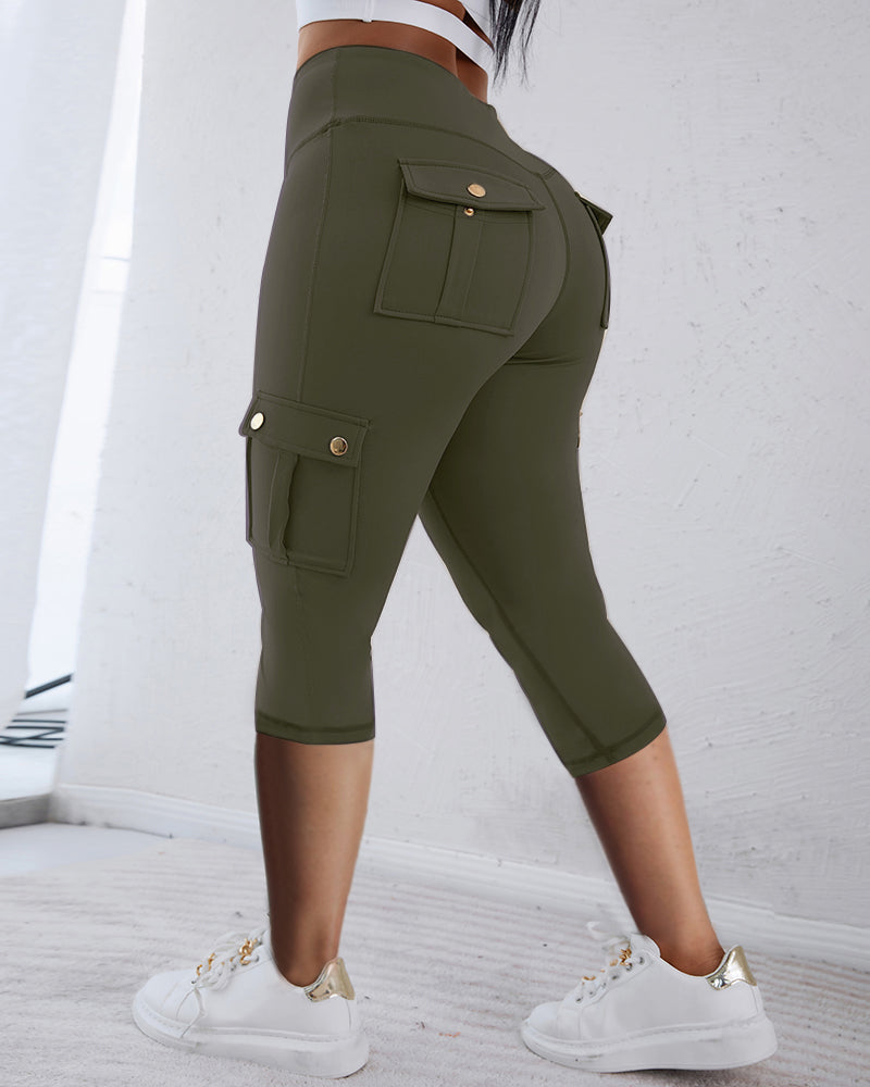Butt Lifting Biker Capris Leggings High Waist Flap Pocket Workout Capris Gym Pants
