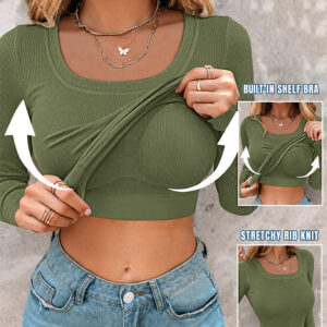 ChicMe Built-in Bra U-Neck Long Sleeve Ribbed Top