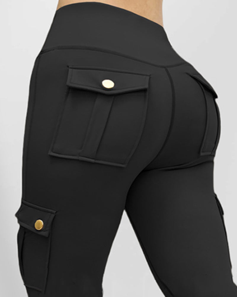 Butt Lifting Leggings with Flap Pockets High Waist Tummy Control Workout Cargo Pants - Image 6
