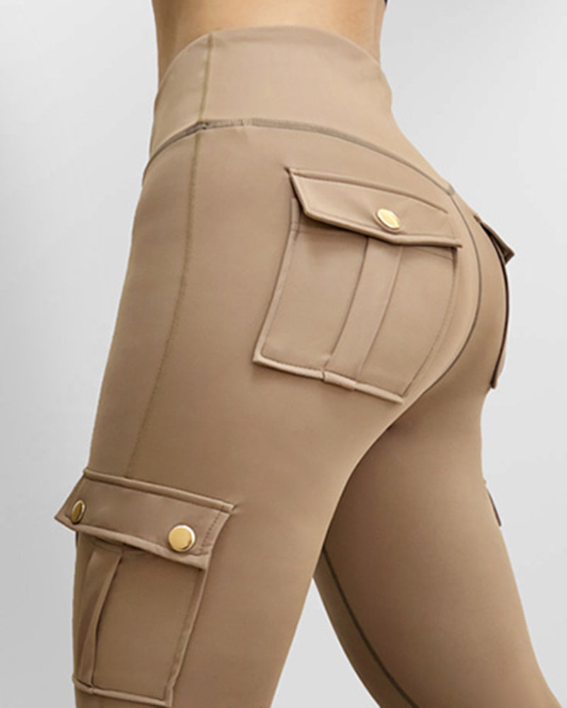 Butt Lifting Leggings with Flap Pockets High Waist Tummy Control Workout Cargo Pants - Image 12