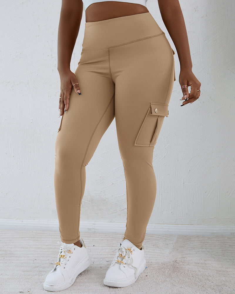Butt Lifting Leggings with Flap Pockets High Waist Tummy Control Workout Cargo Pants - Image 10