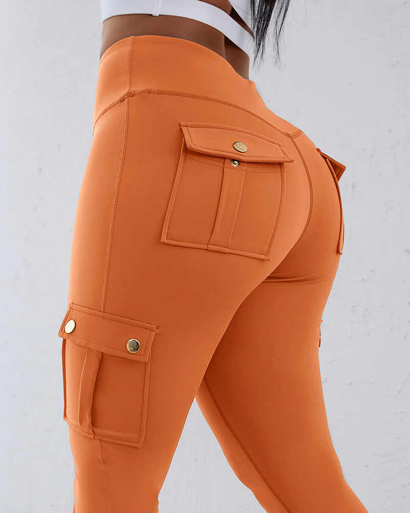 Butt Lifting Leggings with Flap Pockets High Waist Tummy Control Workout Cargo Pants - Image 29