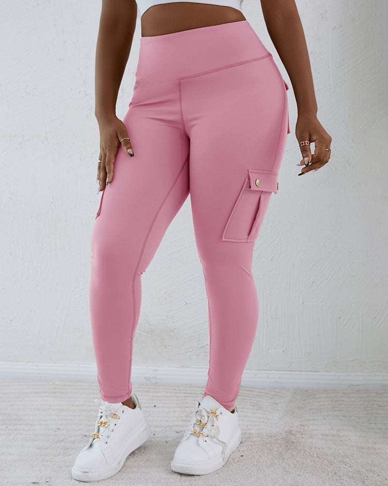 Butt Lifting Leggings with Flap Pockets High Waist Tummy Control Workout Cargo Pants - Image 19
