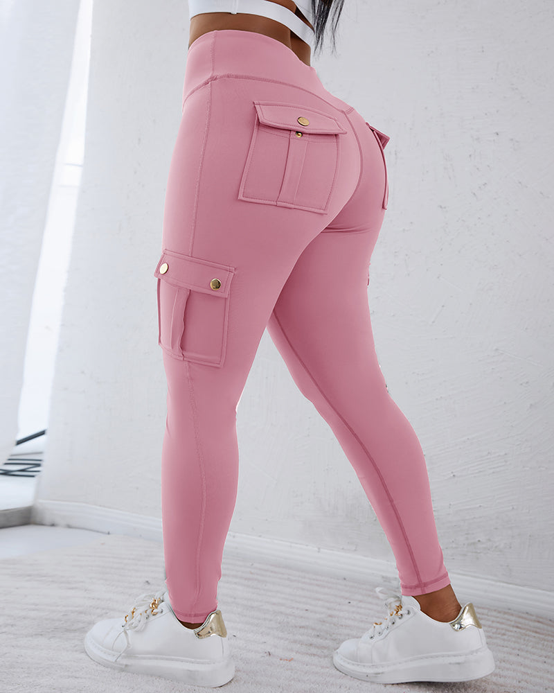 Butt Lifting Leggings with Flap Pockets High Waist Tummy Control Workout Cargo Pants - Image 17