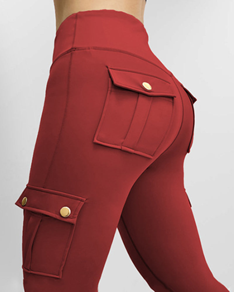 Butt Lifting Leggings with Flap Pockets High Waist Tummy Control Workout Cargo Pants - Image 27