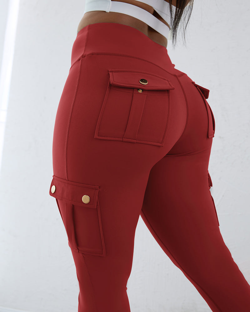 Butt Lifting Leggings with Flap Pockets High Waist Tummy Control Workout Cargo Pants - Image 24