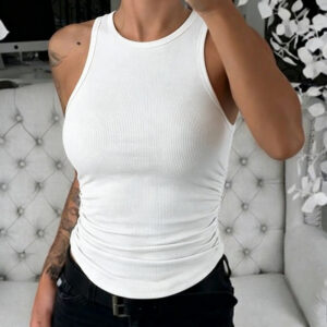 Round Neck Sleeveless Side Ruched Tank Slim Fit Ribbed Racerback Tank Top