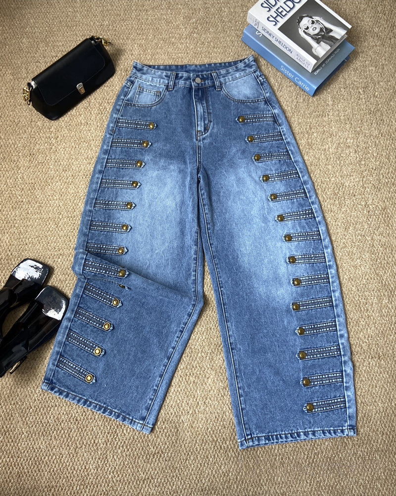 Women's Wide Leg Jeans High Waisted Side Button Denim Pants Distressed Washed Trousers Retro Y2K Streetwear - Image 7