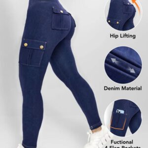 High Waist Tummy Control Butt Lifting Denim Look Leggings Stretchy Yoga Pants with Flap Pockets