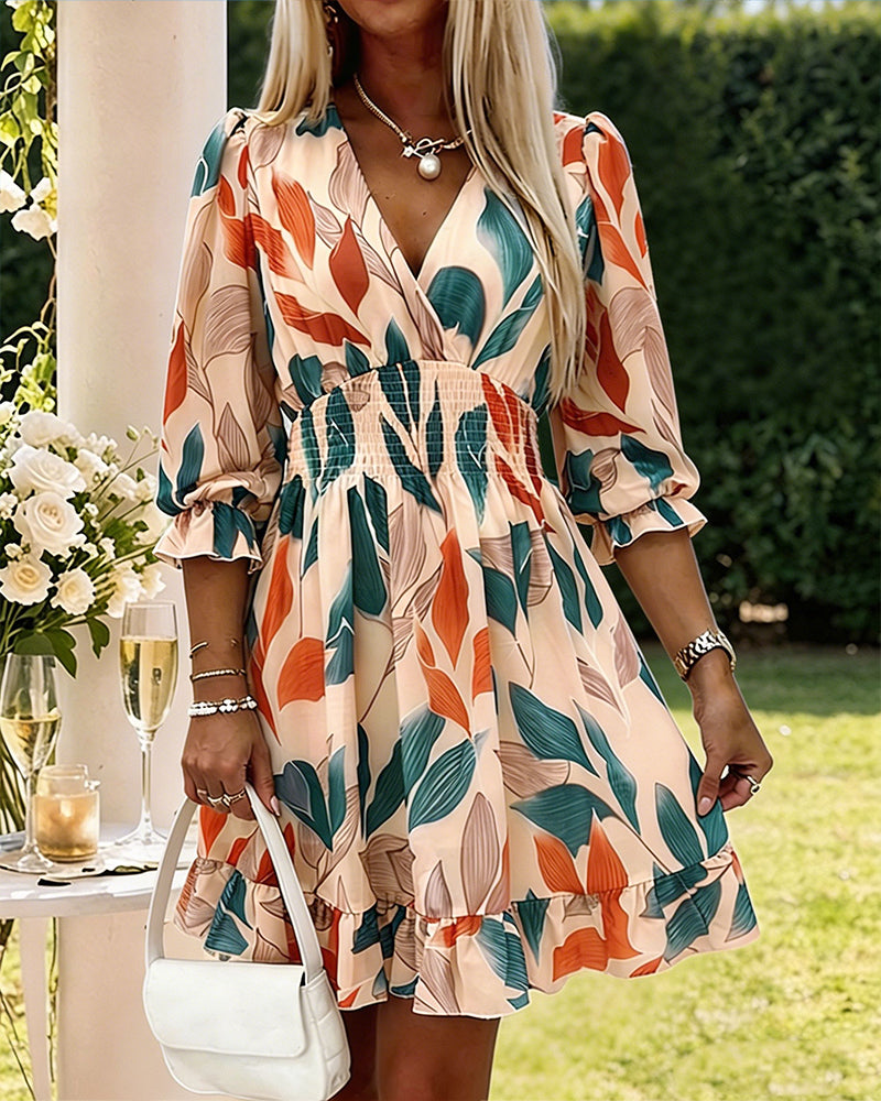 Women's Colorblock Leaf Print Midi Dress Overlap V-Neck Three Quarters Sleeve Shirred Waist Ruffle Hem A-Line Vacation Dress - Image 3