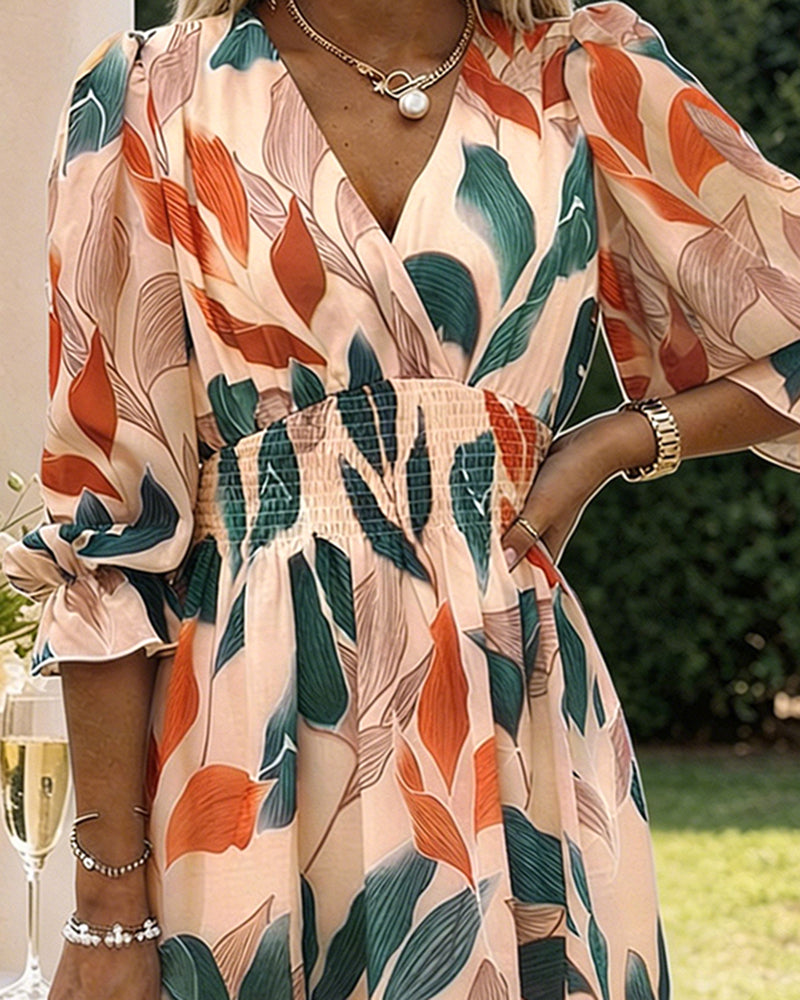 Women's Colorblock Leaf Print Midi Dress Overlap V-Neck Three Quarters Sleeve Shirred Waist Ruffle Hem A-Line Vacation Dress - Image 6