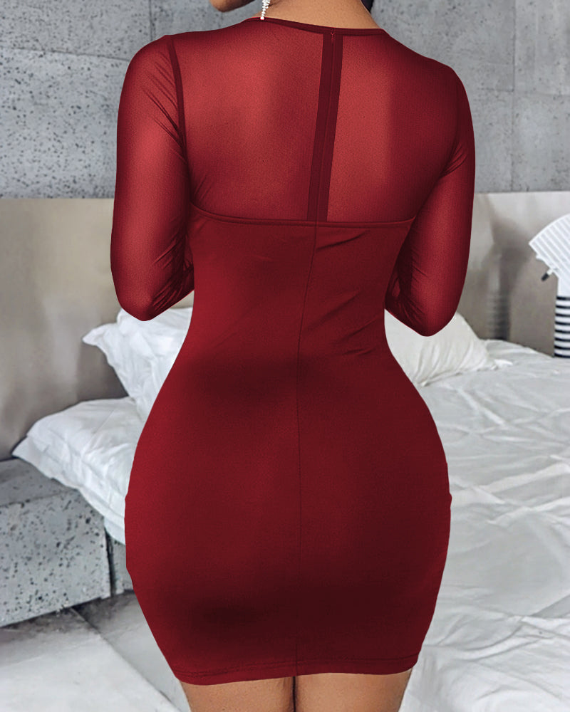Rhinestone Decor Sweetheart Neck Sheer Mesh Spliced Mini Dress Mesh Long Sleeve Zipper Back Bodycon Dress - Image 8