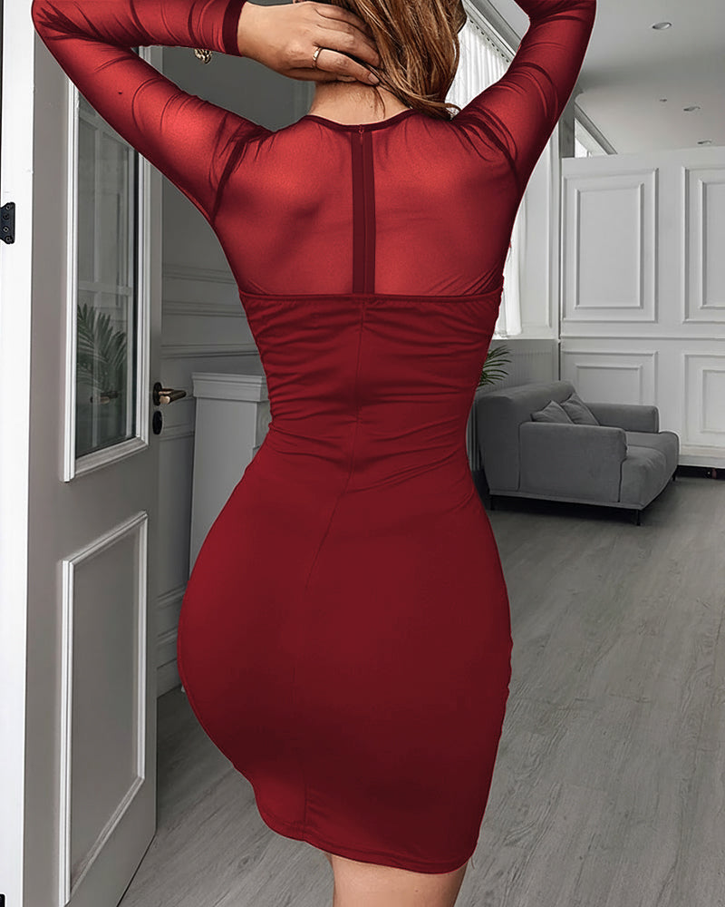 Rhinestone Decor Sweetheart Neck Sheer Mesh Spliced Mini Dress Mesh Long Sleeve Zipper Back Bodycon Dress - Image 11