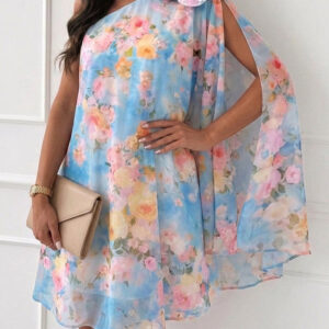 CHICME Women's Floral Print One-Shoulder Chiffon Dress 3D Floral Decor Split Sleeve Loose A-Line Mini Dress