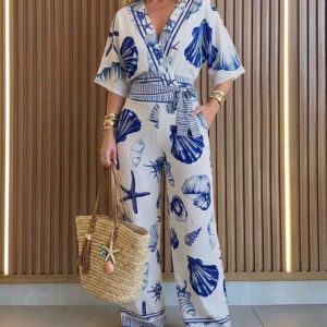 Women's Ocean Print Jumpsuit Seashell Starfish Wrap V Neck Batwing Sleeve Tie Waist Wide Leg Romper with Pockets