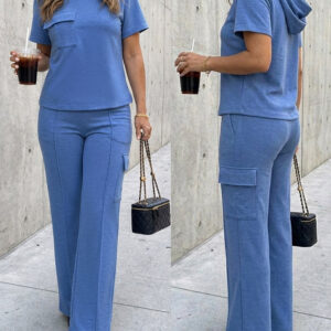 Women's Two Piece Outfits Short Sleeve Hoodie Top and High Waist Cargo Straight Leg Pants Set Casual Lounge Tracksuit