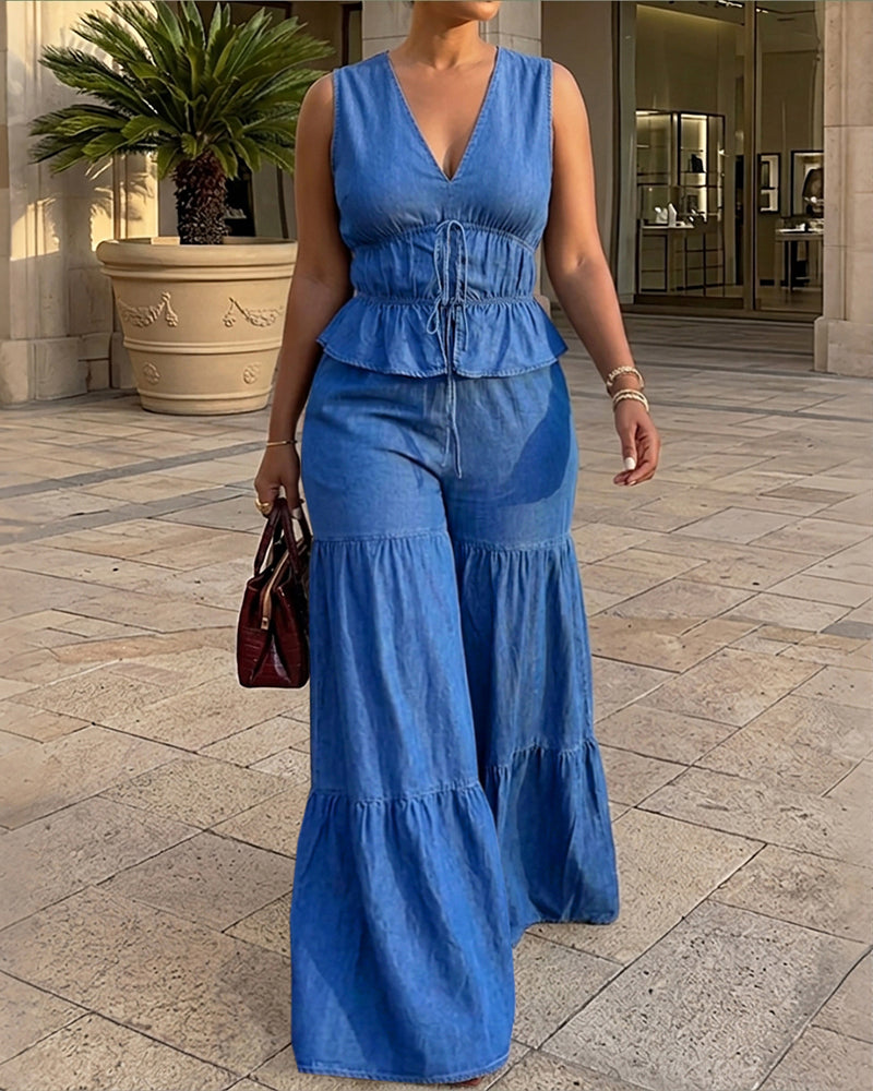 2 Pieces Outfit Deep V-Neck Sleeveless Tie Front Cinched Waist Top and Elastic Waist Wide Leg Pants Set Casual Ruffle Hem Set - Image 5