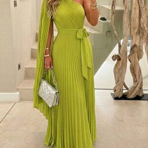 CHICME Women's One-Shoulder Pleated Maxi Dress Asymmetric Draped Cape Sleeve Twist Front Party Dress Elegant High-Waist Evening Dress
