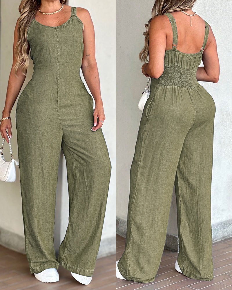 V-Neck Adjustable Thick Straps Denim Overalls Casual Shirred Back Wide Leg Suspender Jumpsuit - Image 18