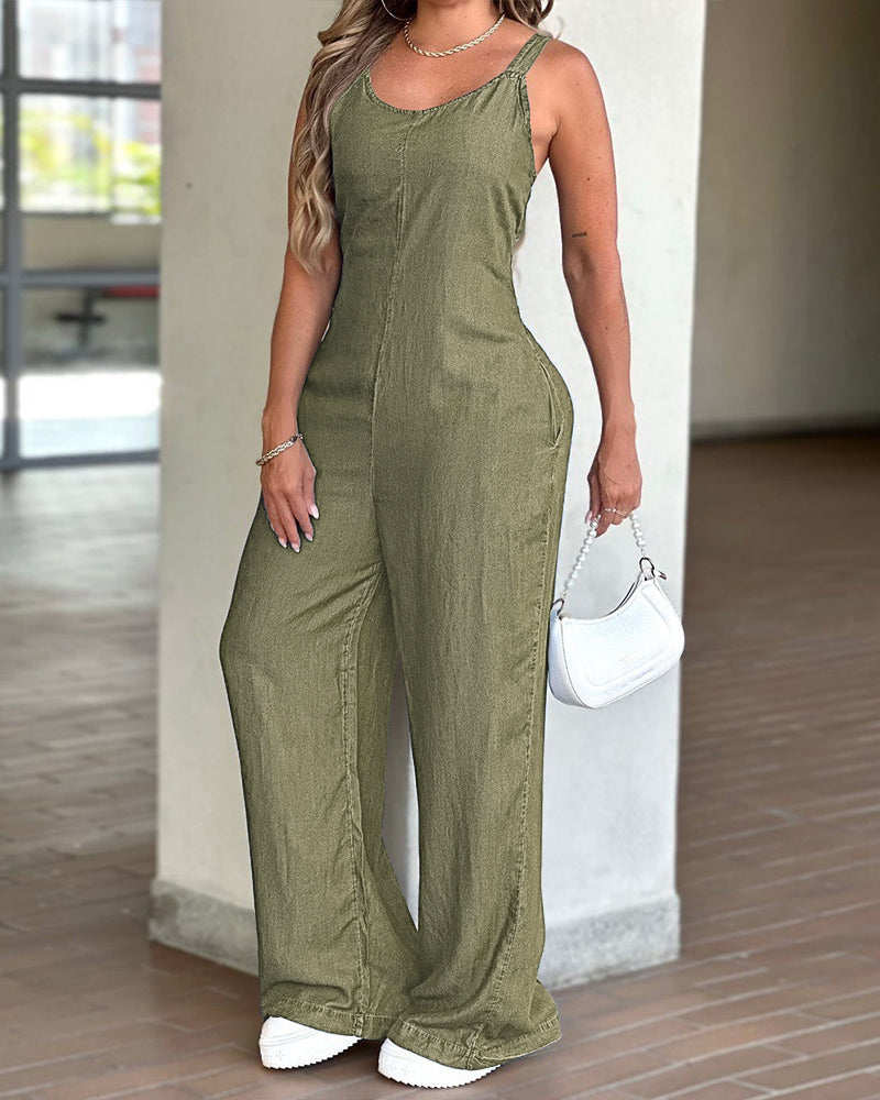 V-Neck Adjustable Thick Straps Denim Overalls Casual Shirred Back Wide Leg Suspender Jumpsuit - Image 19