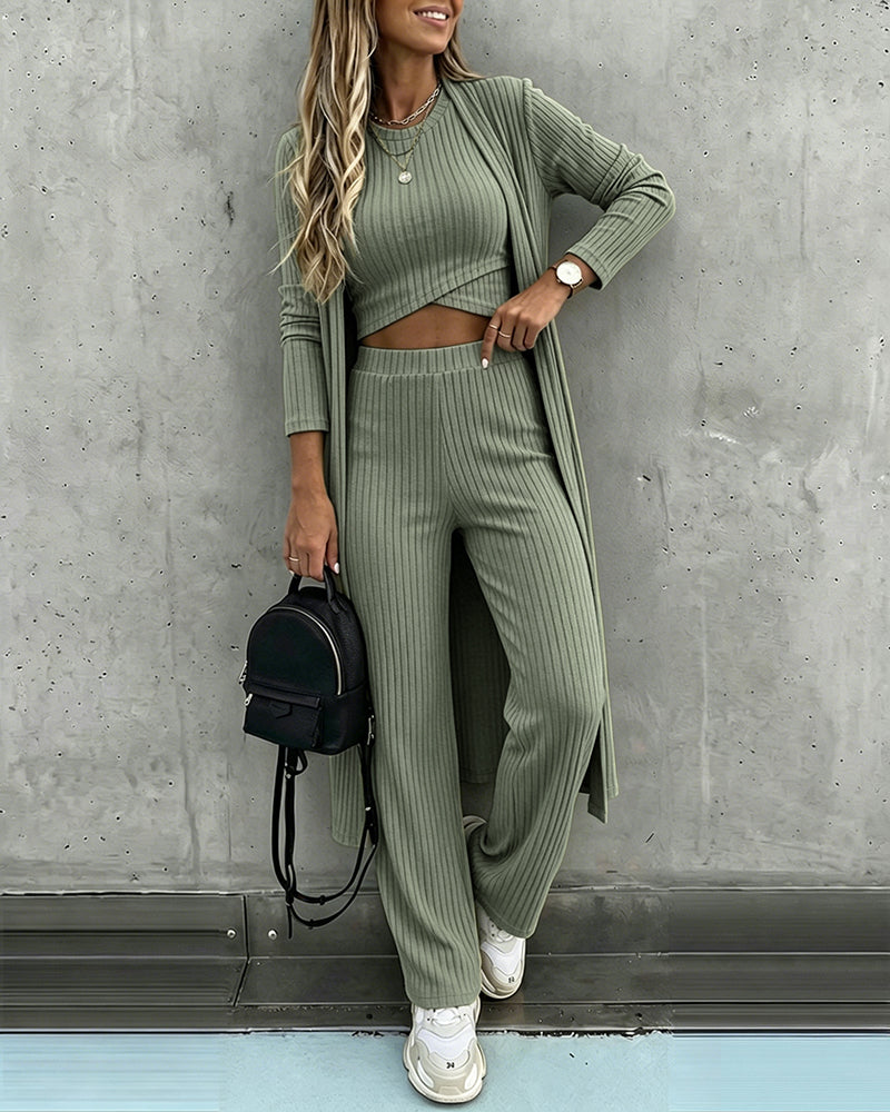 Women's 3 Piece Knit Set Long Cardigan Criss Cross Crop Tank Top and Wide Leg Pants Casual Ribbed Brushed Lounge Set - Image 8