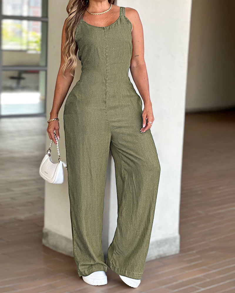 V-Neck Adjustable Thick Straps Denim Overalls Casual Shirred Back Wide Leg Suspender Jumpsuit - Image 21