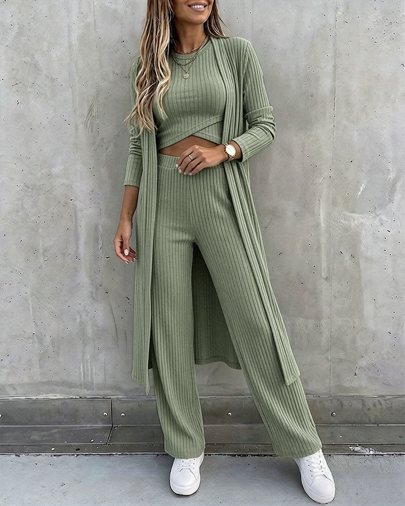 Women's 3 Piece Knit Set Long Cardigan Criss Cross Crop Tank Top and Wide Leg Pants Casual Ribbed Brushed Lounge Set - Image 9