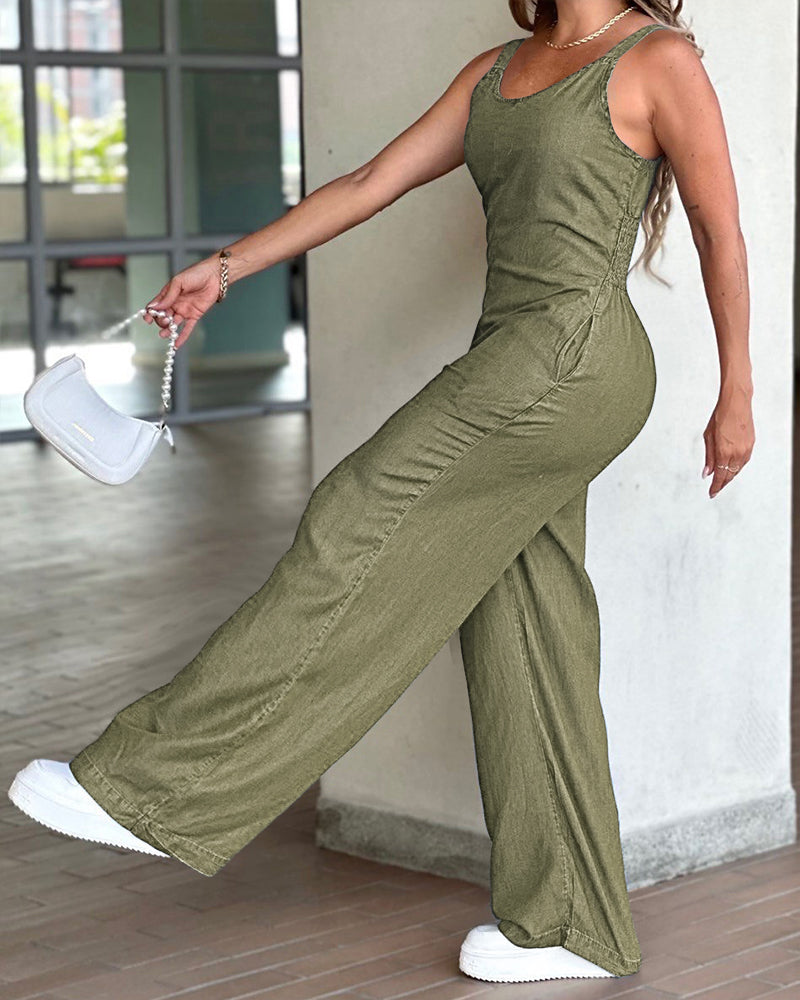 V-Neck Adjustable Thick Straps Denim Overalls Casual Shirred Back Wide Leg Suspender Jumpsuit - Image 23