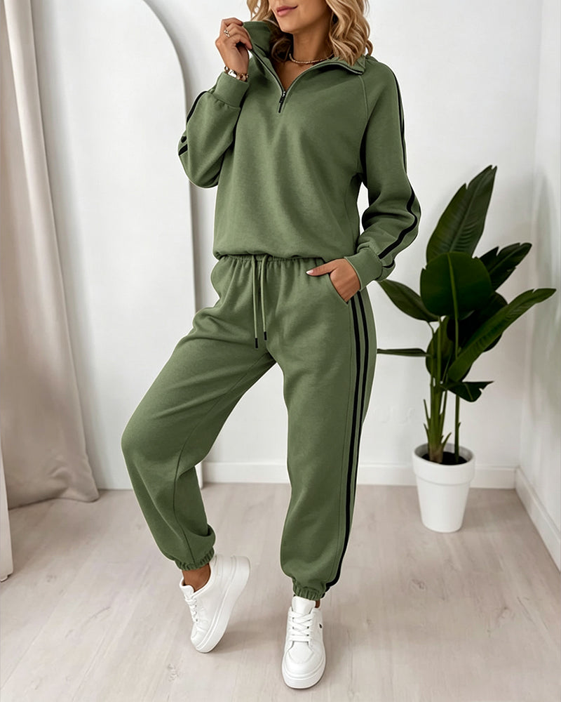 Women's Contrast Side Stripe Two Piece Sweatsuit Half Zip Sweatshirt and High Waisted Joggers Set Casual Tracksuit - Image 23