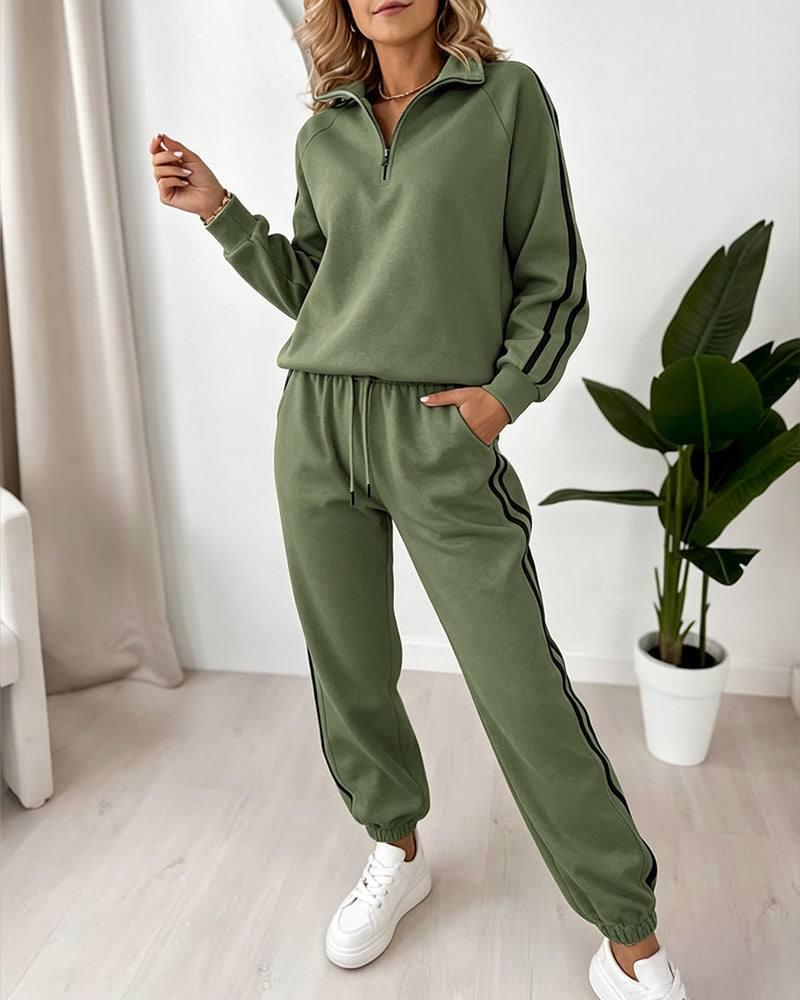 Women's Contrast Side Stripe Two Piece Sweatsuit Half Zip Sweatshirt and High Waisted Joggers Set Casual Tracksuit - Image 25