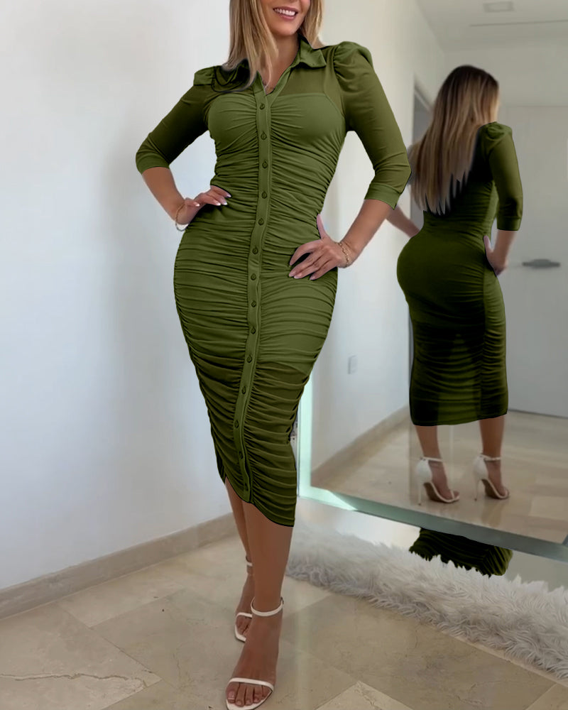 Women's 2 Piece Set Mesh Ruched Midi Dress Puff Sleeve Button Down Sheer Overlay Bodycon Dress with Camisole Slip Dress - Image 8