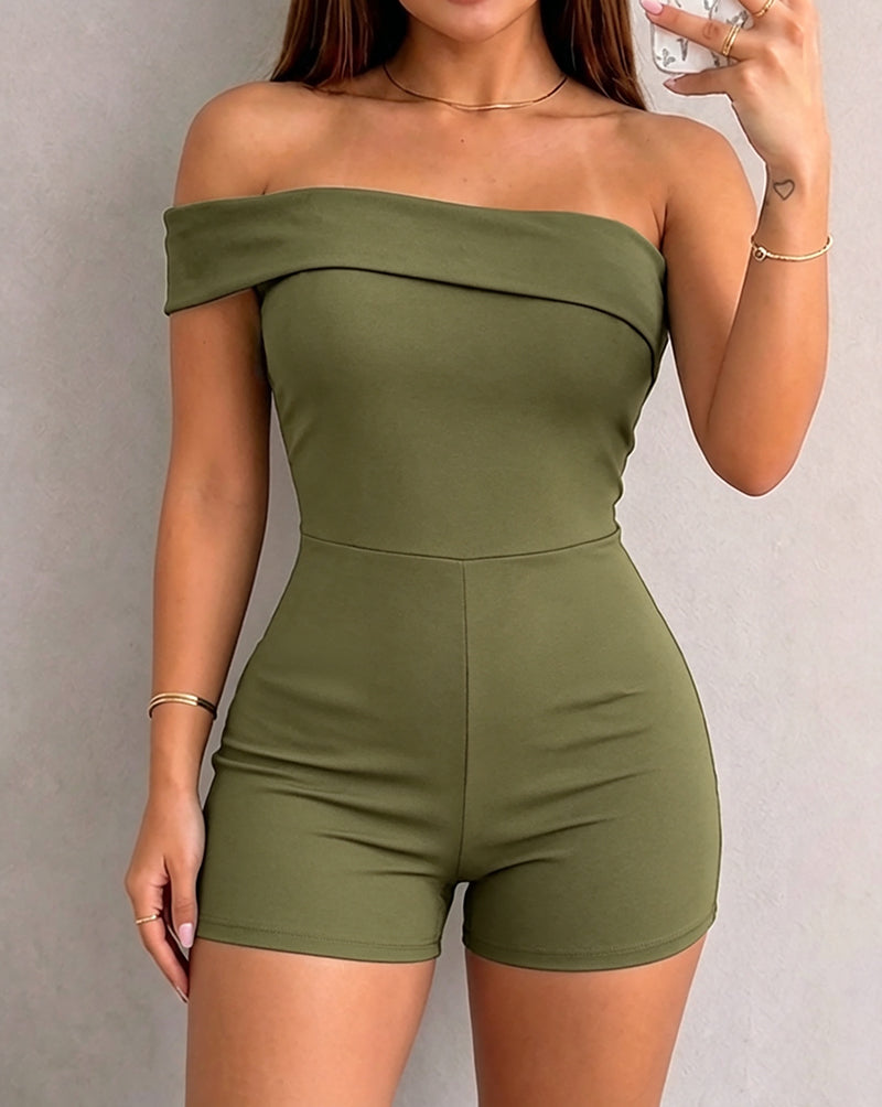 Women's Foldover One Shoulder Romper Slim Fit Sleeveless High Waist Romper - Image 8