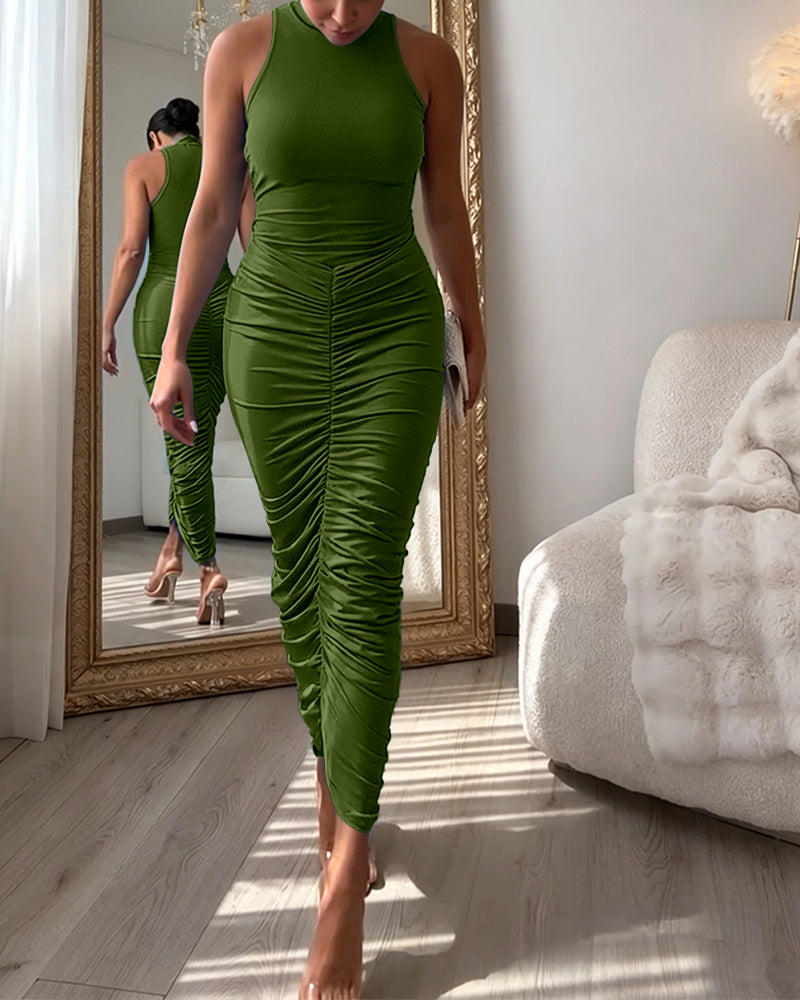 Women's Mock Neck Sleeveless Ruched Bodycon Dress Sexy Racerback Slit Slim Fit Party Dress - Image 10