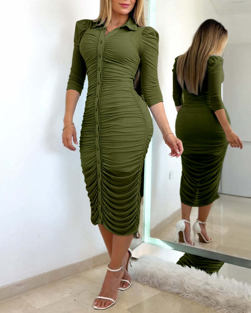 Women's 2 Piece Set Mesh Ruched Midi Dress Puff Sleeve Button Down Sheer Overlay Bodycon Dress with Camisole Slip Dress - Image 6
