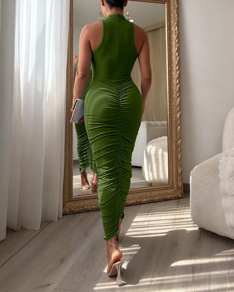 Women's Mock Neck Sleeveless Ruched Bodycon Dress Sexy Racerback Slit Slim Fit Party Dress - Image 8