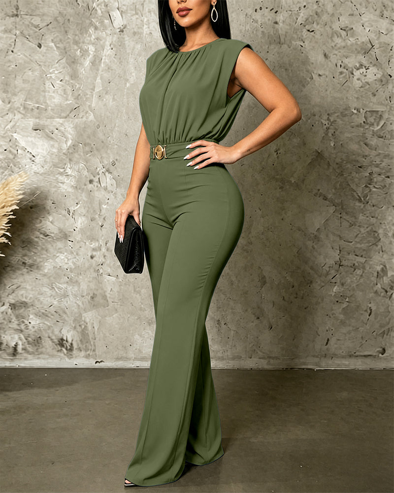Women's Sleeveless Jumpsuit Shoulder Pad Ruched Round Neck Backless Overalls Elegant Flared Jumpsuit with Gold Belt - Image 7