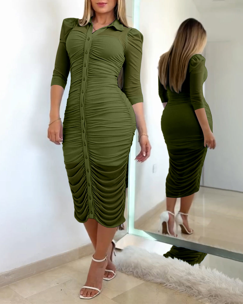Women's 2 Piece Set Mesh Ruched Midi Dress Puff Sleeve Button Down Sheer Overlay Bodycon Dress with Camisole Slip Dress - Image 9