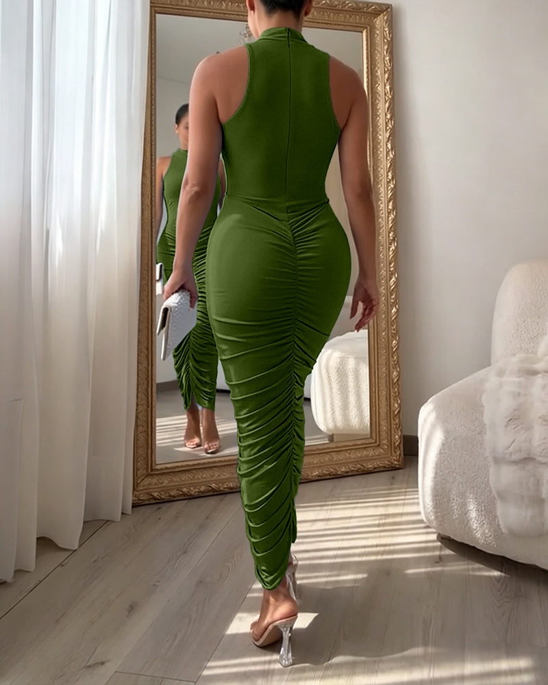 Women's Mock Neck Sleeveless Ruched Bodycon Dress Sexy Racerback Slit Slim Fit Party Dress - Image 11