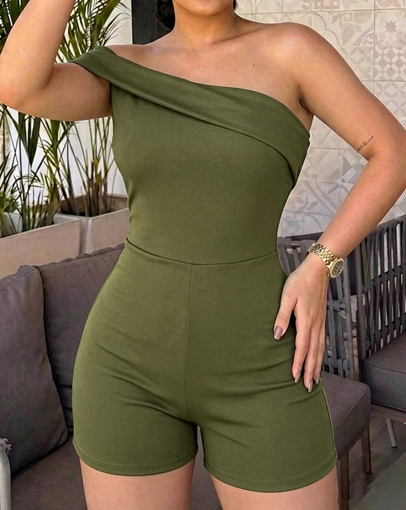 Women's Foldover One Shoulder Romper Slim Fit Sleeveless High Waist Romper - Image 12