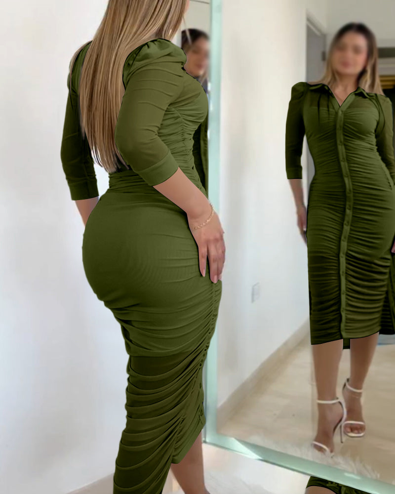 Women's 2 Piece Set Mesh Ruched Midi Dress Puff Sleeve Button Down Sheer Overlay Bodycon Dress with Camisole Slip Dress - Image 10