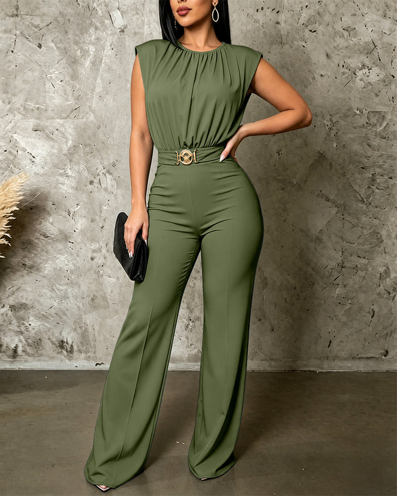 Women's Sleeveless Jumpsuit Shoulder Pad Ruched Round Neck Backless Overalls Elegant Flared Jumpsuit with Gold Belt - Image 9