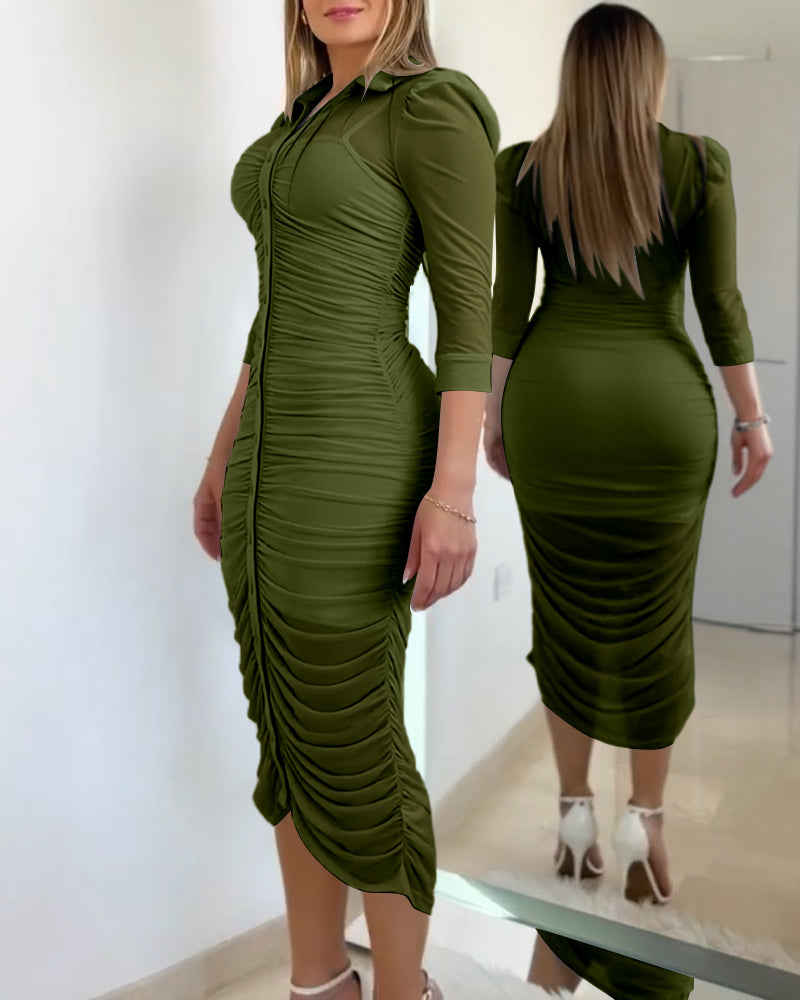 Women's 2 Piece Set Mesh Ruched Midi Dress Puff Sleeve Button Down Sheer Overlay Bodycon Dress with Camisole Slip Dress - Image 11