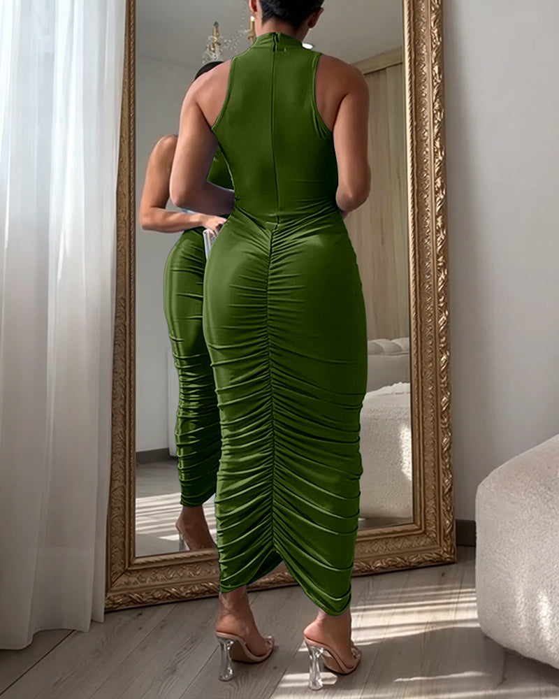 Women's Mock Neck Sleeveless Ruched Bodycon Dress Sexy Racerback Slit Slim Fit Party Dress - Image 12