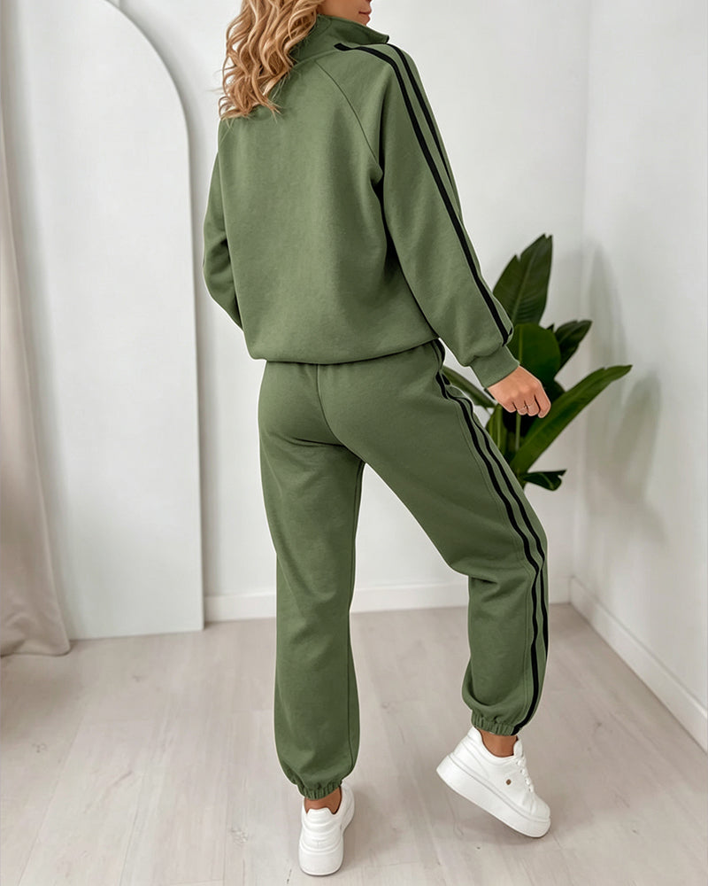 Women's Contrast Side Stripe Two Piece Sweatsuit Half Zip Sweatshirt and High Waisted Joggers Set Casual Tracksuit - Image 24