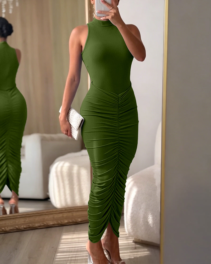 Women's Mock Neck Sleeveless Ruched Bodycon Dress Sexy Racerback Slit Slim Fit Party Dress - Image 7