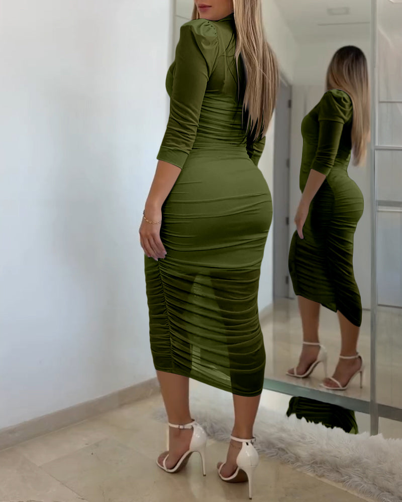 Women's 2 Piece Set Mesh Ruched Midi Dress Puff Sleeve Button Down Sheer Overlay Bodycon Dress with Camisole Slip Dress - Image 7
