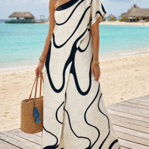 Abstract Print One Shoulder Bodycon Maxi Dress Casual Faux Two Piece Slit Dress