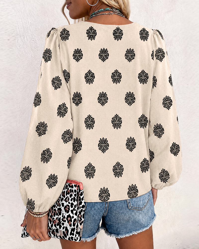 Vintage Baroque Placement Print V-Neck Lantern Sleeve Blouse Casual Long Sleeve Loose Fit Boho Top - Image 9