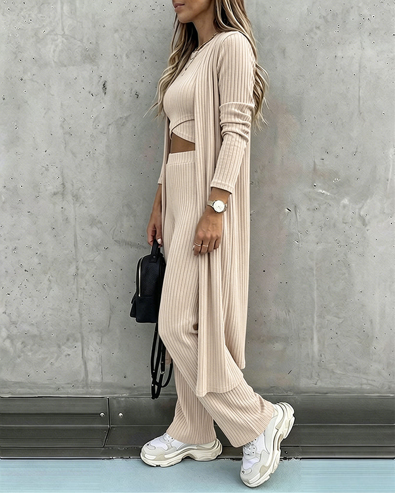 Women's 3 Piece Knit Set Long Cardigan Criss Cross Crop Tank Top and Wide Leg Pants Casual Ribbed Brushed Lounge Set - Image 12